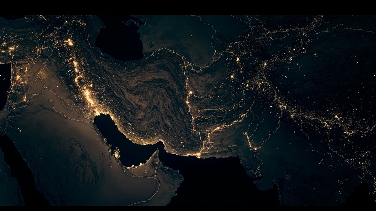 A nighttime satellite image of Iran showing dramatically reduced light emissions compared to neighboring countries, illustrating the digital blackout
