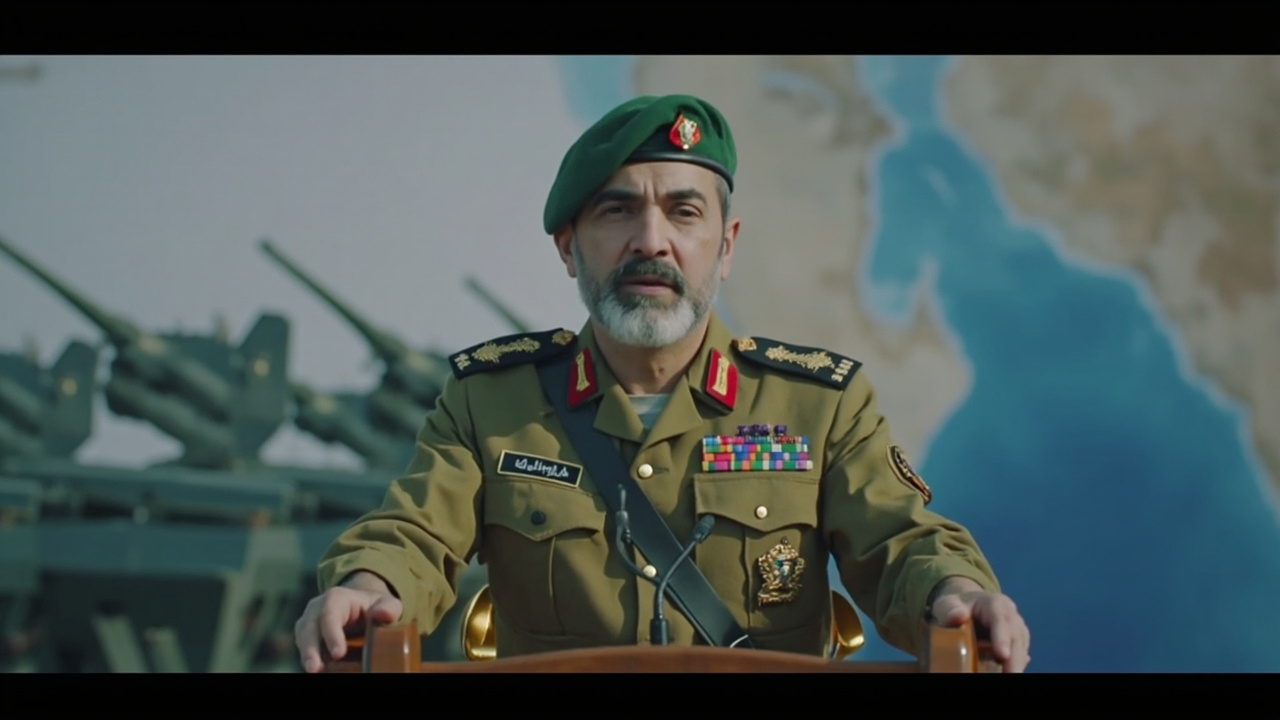 An IRGC commander at a military podium with a backdrop of Iranian missile launchers and a Persian Gulf map