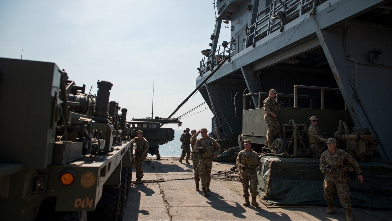 US Marines boarding amphibious assault ships at a staging area, with equipment and vehicles being loaded onto the vessel deck