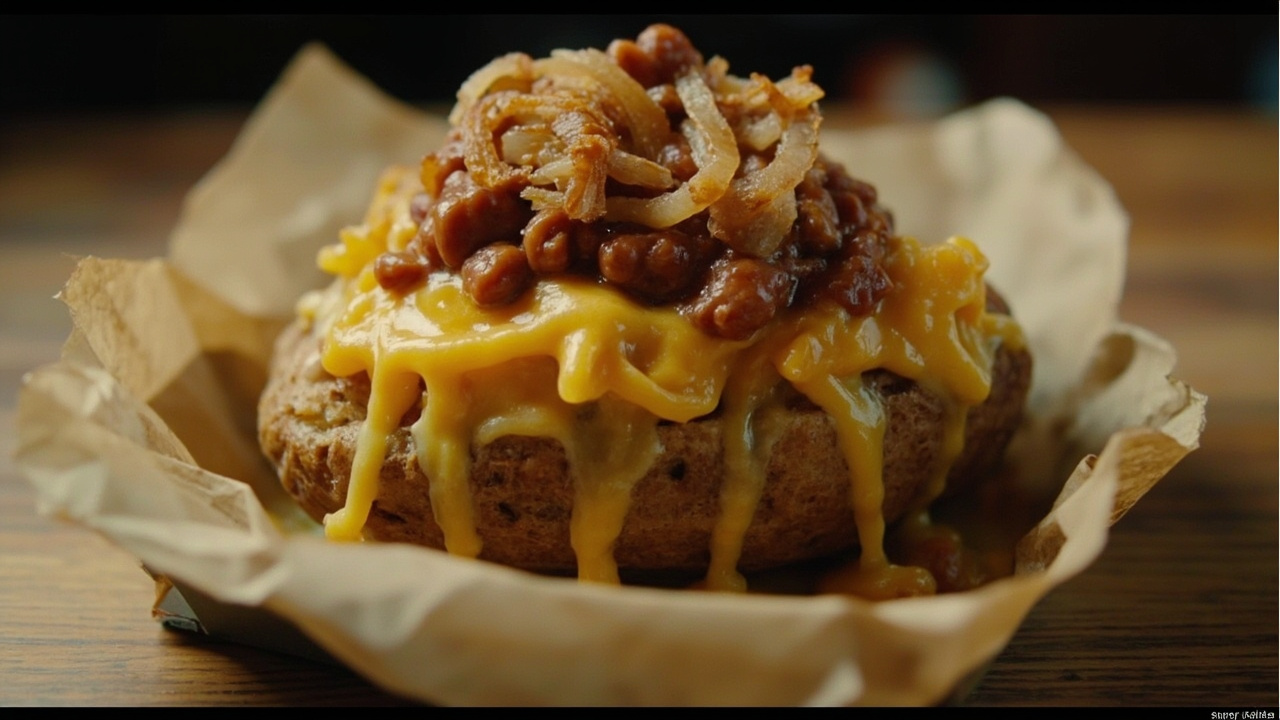 A golden jacket potato split open and overflowing with melted cheese, baked beans, and fried onions on a paper-lined tray
