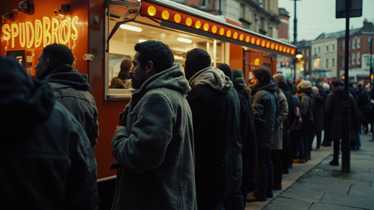 A long queue of people wrapped in winter coats snaking around a corner outside the SpudBros food truck in Preston, England
