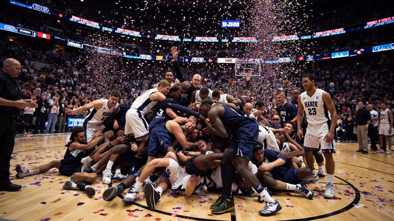 High Point Panthers players in a jubilant pile-on at center court after their upset victory over Wisconsin, confetti and fans rushing the floor