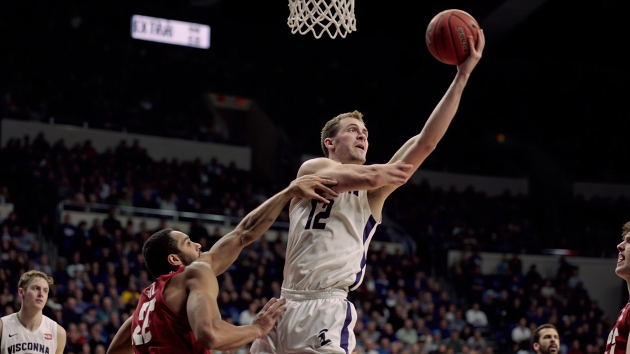 Chase Johnston of High Point releasing the game-winning shot over a Wisconsin defender with 0.8 seconds on the clock