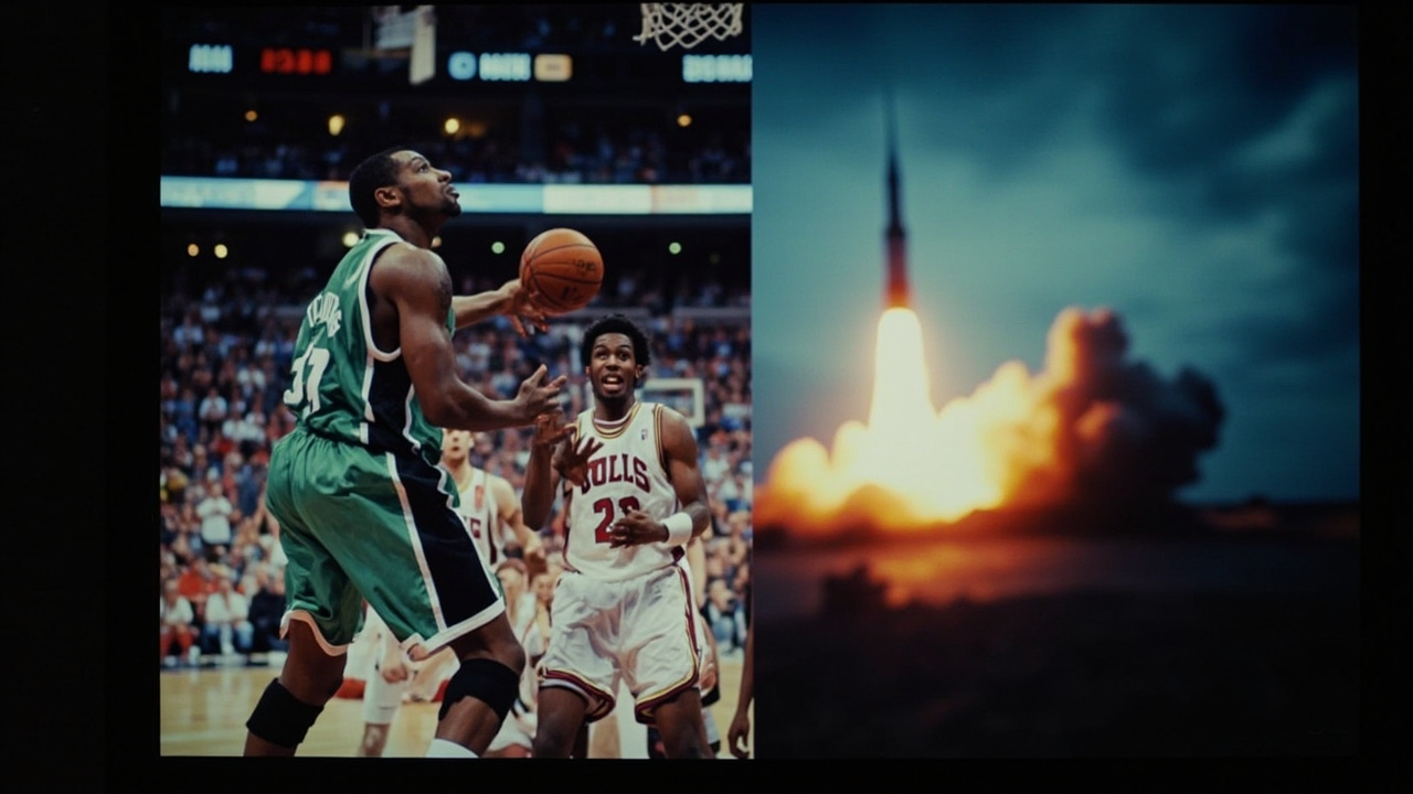 A television split between a basketball game and a missile launch, both playing to the same audience