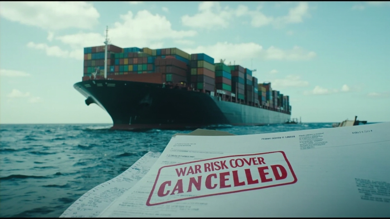 A massive container ship sits idle at anchor in open water with no port in sight, its deck stacked high with colorful shipping containers, while a 'WAR RISK COVER CANCELLED' stamp overlays the insurance documents in the foreground