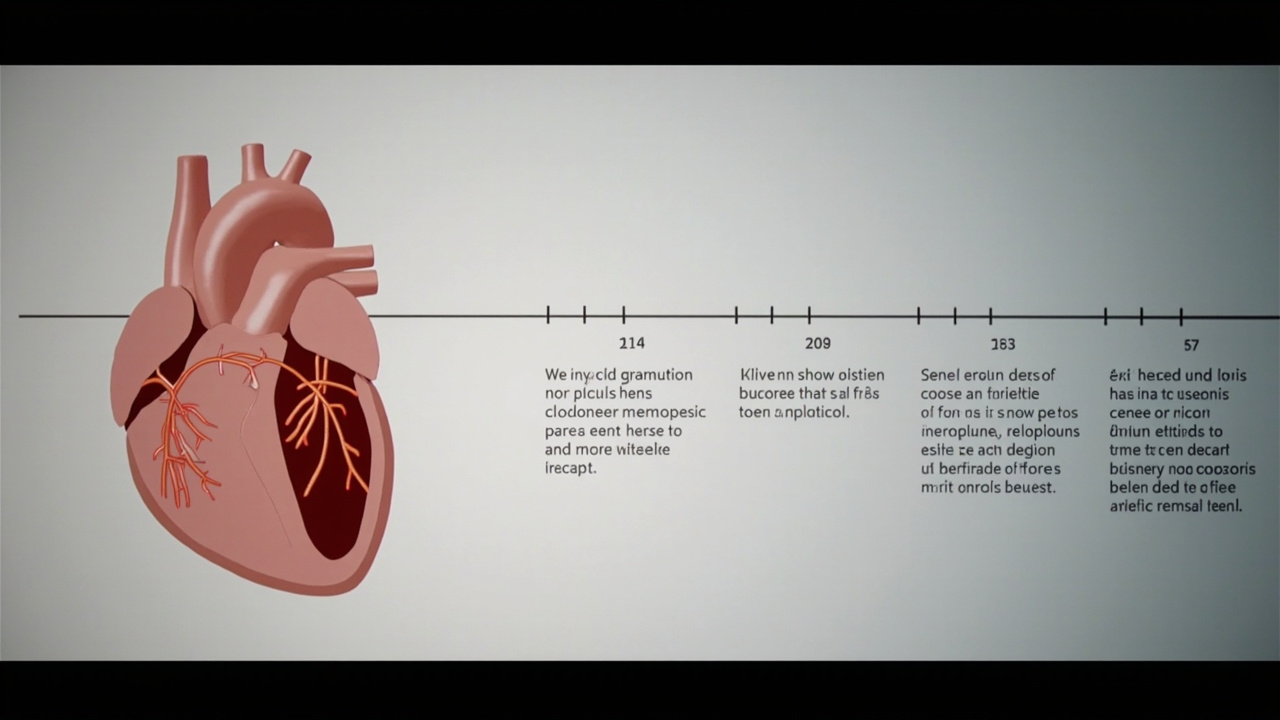 A medical illustration showing a human heart with highlighted coronary arteries alongside a timeline marking premature menopause onset before age 40