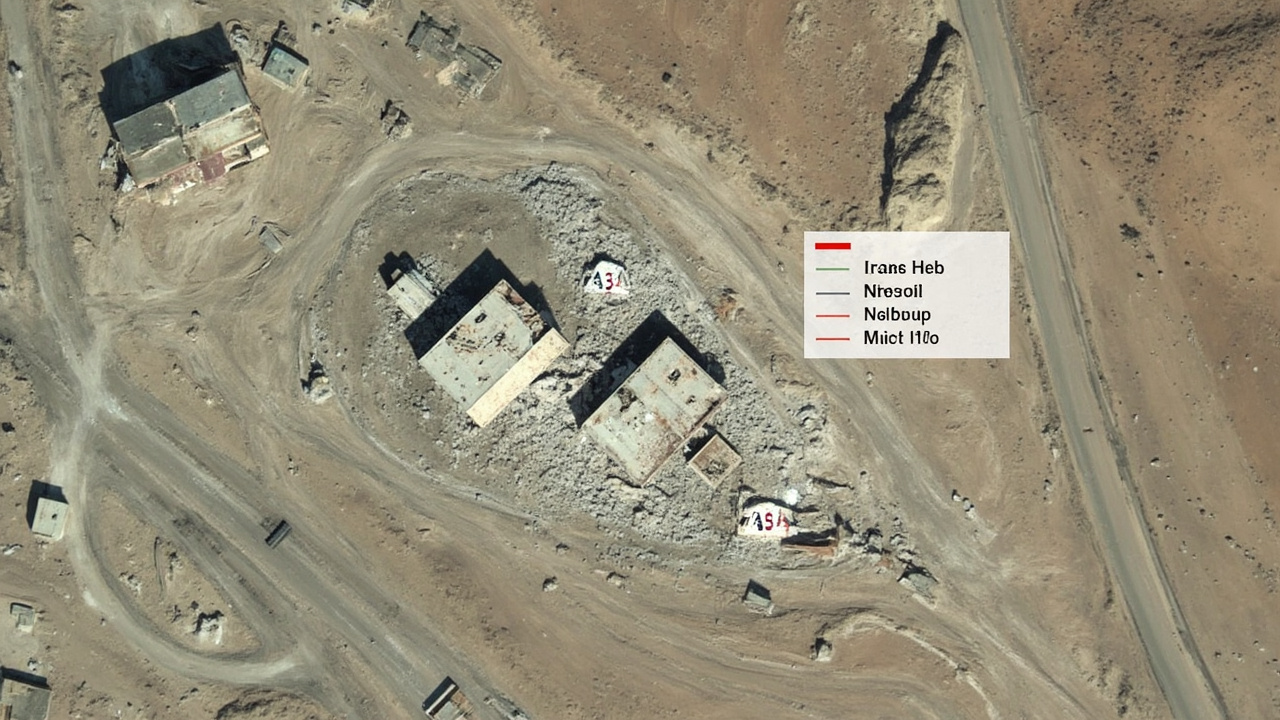Satellite imagery showing damage to entrance buildings at Iran's Natanz nuclear enrichment facility, with IAEA monitoring overlay graphics