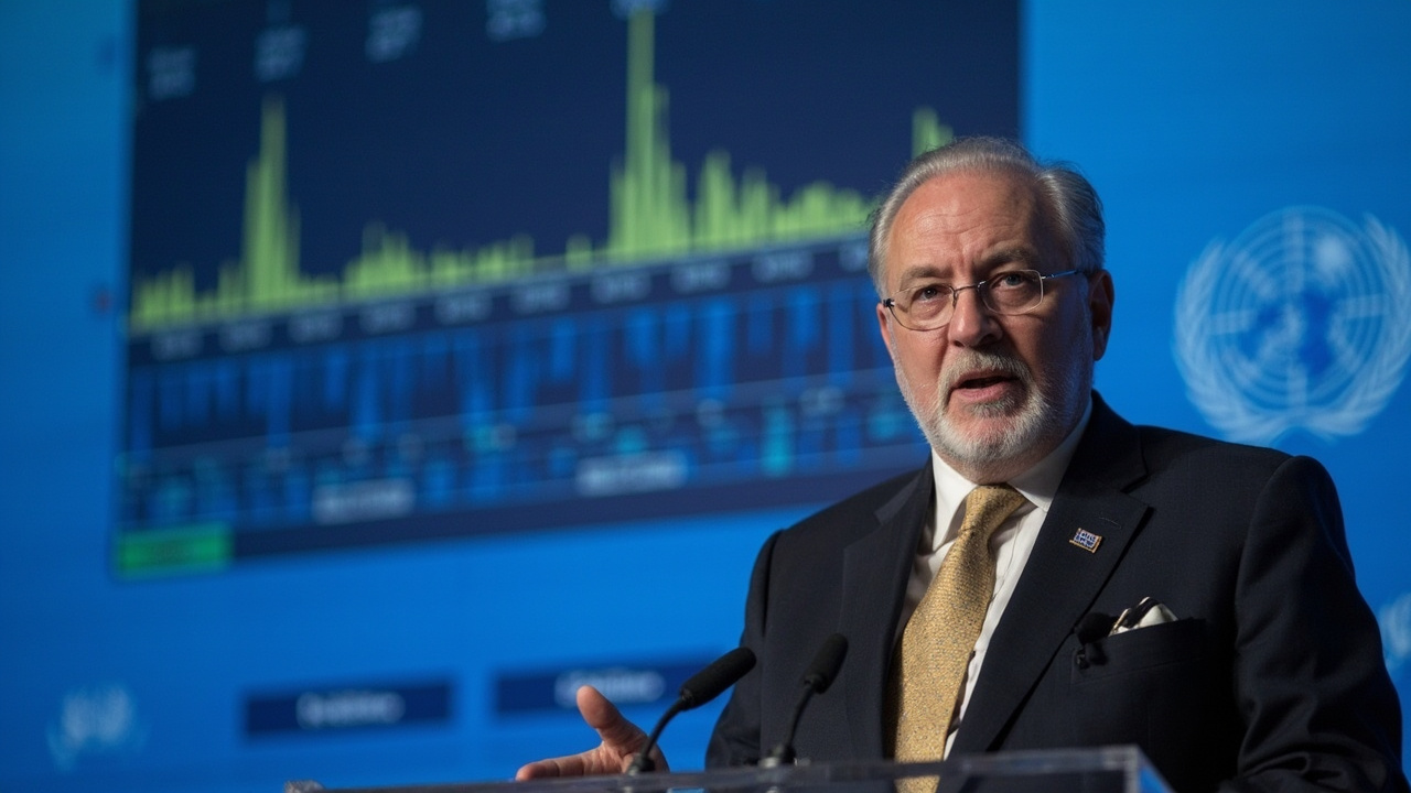 IAEA Director General Rafael Grossi at a press podium with a radiation monitoring data chart displayed behind him