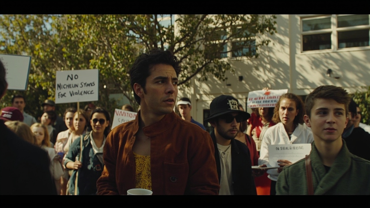 The exterior of the Paramour Estate in Silver Lake, Los Angeles, with protesters holding signs reading 'No Michelin Stars for Violence' outside Noma's pop-up restaurant