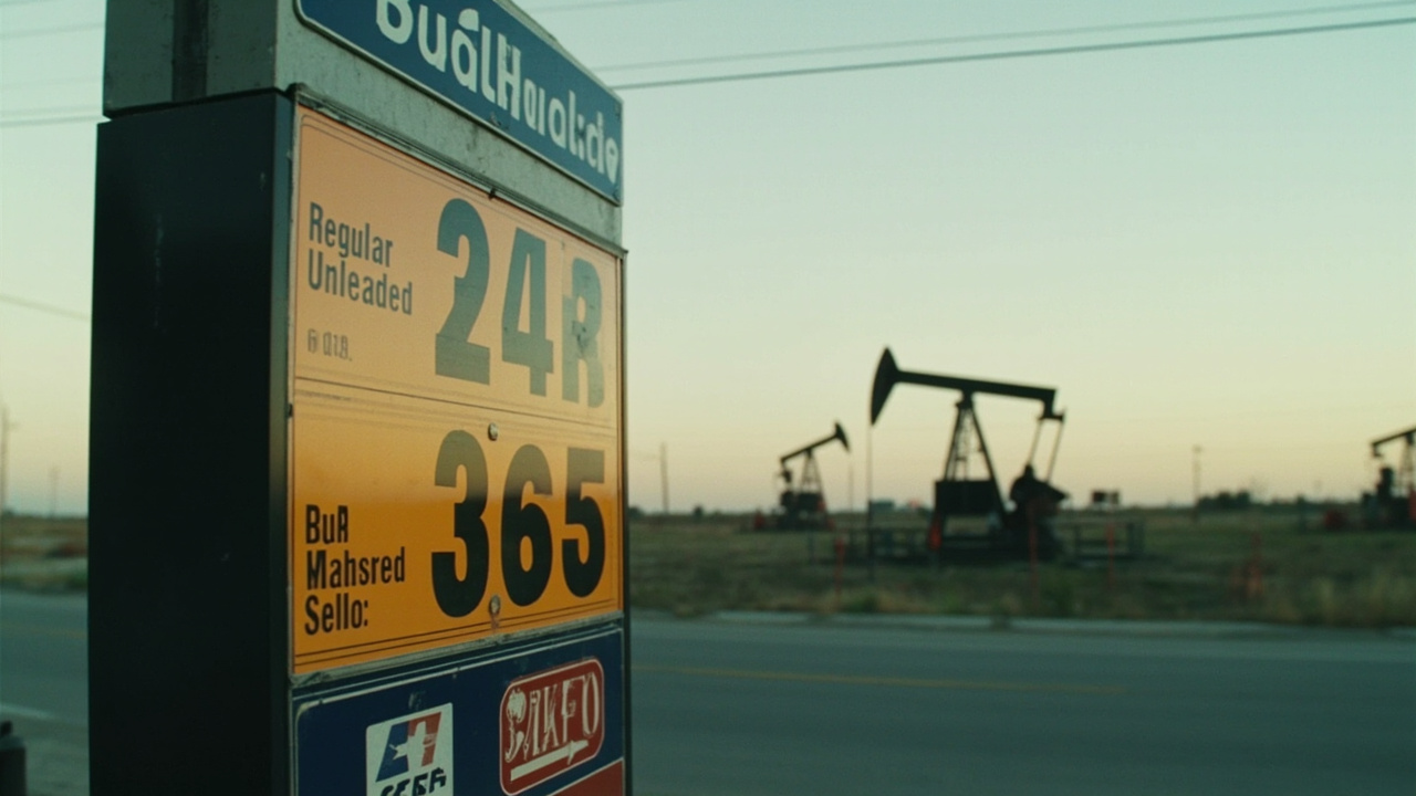 A gas station price sign showing regular unleaded above $4.50 per gallon, with oil derricks visible on the horizon behind a suburban road