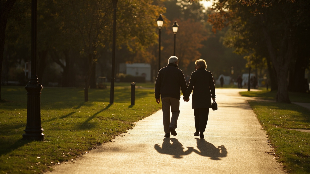 Two older adults holding hands while walking together through a sunlit park, their shadows stretching long across the path