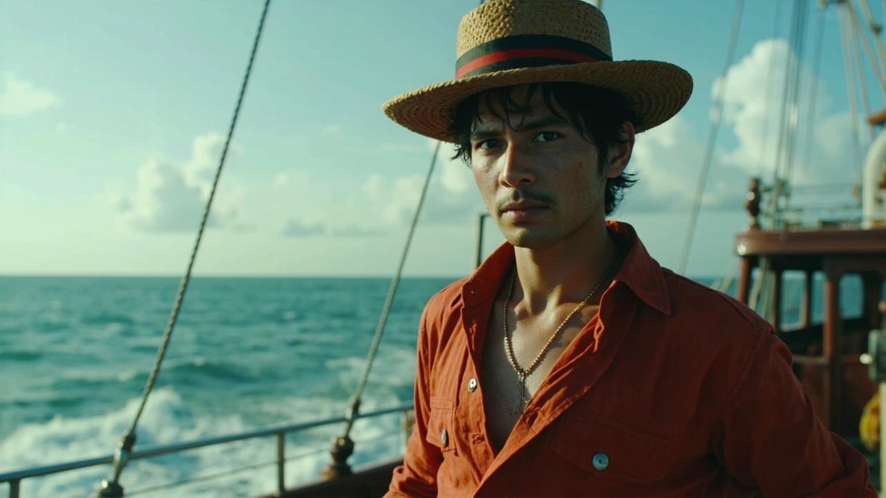 Iñaki Godoy as Monkey D. Luffy standing on the deck of the Going Merry with the Grand Line ocean stretching behind him