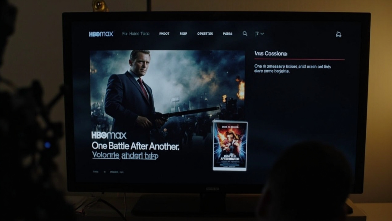 A television screen displaying the HBO Max interface with One Battle After Another's poster art featured prominently