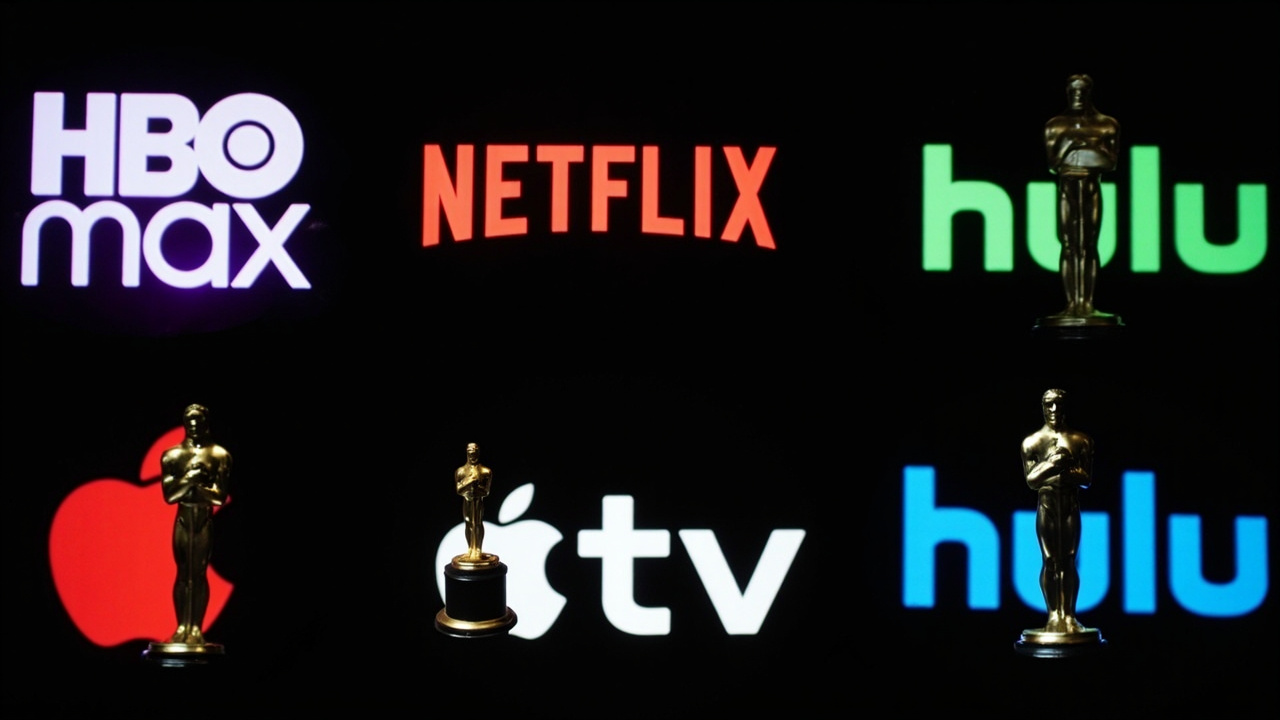 A grid of six streaming app icons — HBO Max, Netflix, Peacock, Apple TV, Hulu, and Prime Video — each overlaid with the Oscar statuette