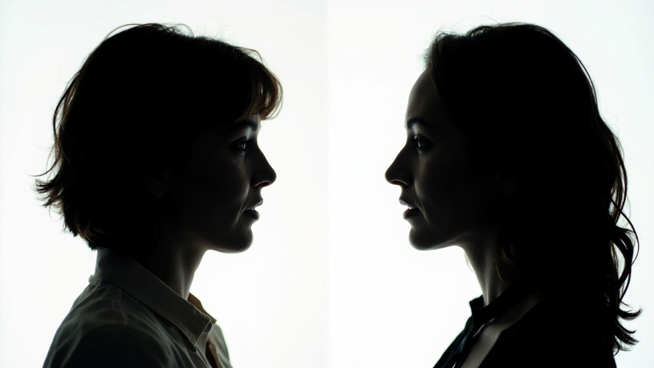 A split-screen illustration showing two stylized female silhouette profiles, one with full facial contours and one with hollowed cheeks and a gaunt jawline