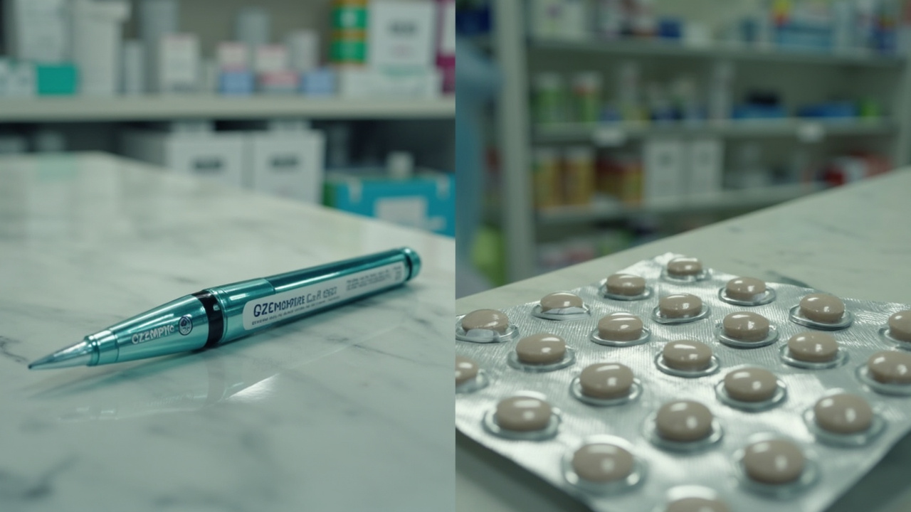 A split-frame image showing a gleaming Ozempic pen on a marble countertop on the left and a strip of generic semaglutide tablets in plain foil packaging on a pharmacy counter in Mumbai on the right