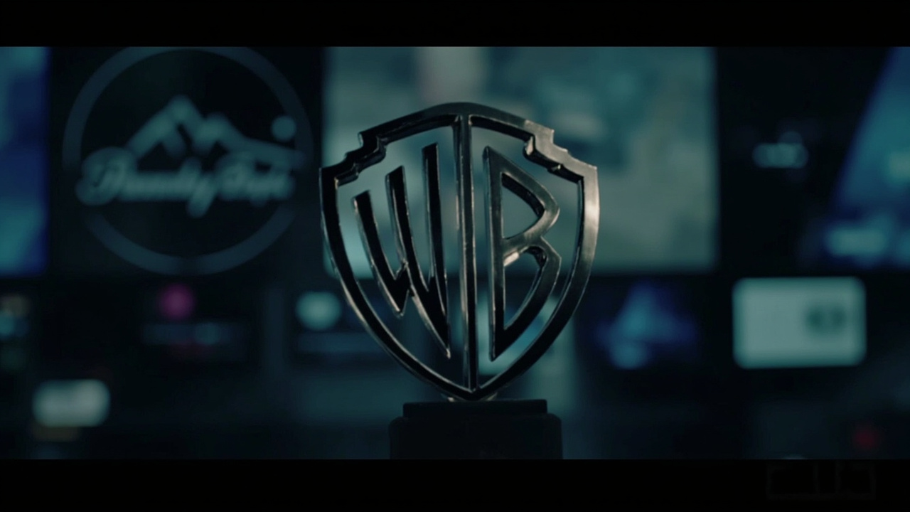 The Paramount Pictures mountain logo and the Warner Bros shield merging into a single emblem against a backdrop of streaming interface screens