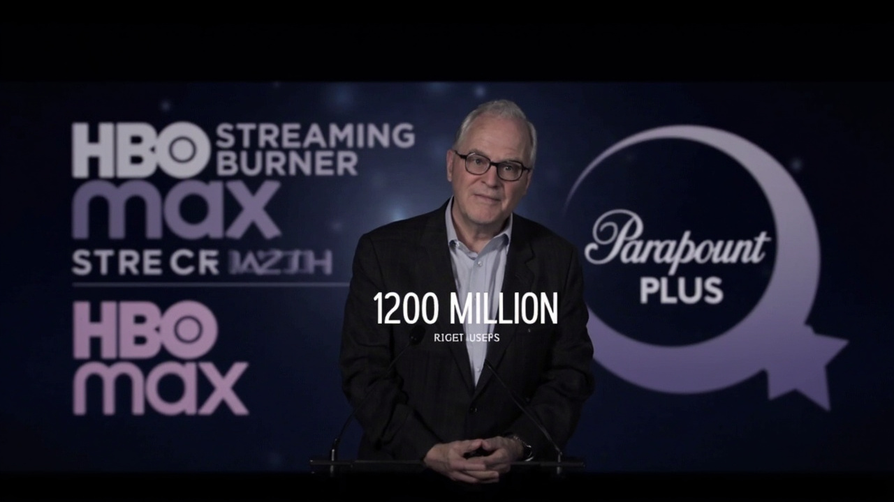 David Ellison at a podium flanked by the HBO Max and Paramount Plus logos, with a streaming subscriber count graphic showing 200 million combined users