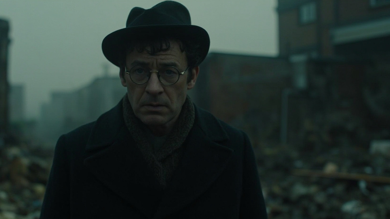 Cillian Murphy as Tommy Shelby in overcoat and wire-rimmed spectacles, standing in the rubble of wartime Birmingham