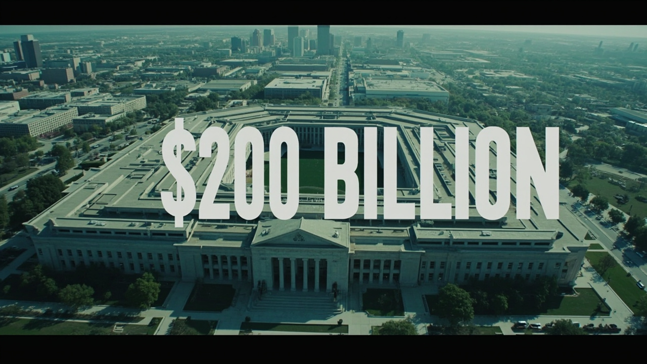 The Pentagon building photographed from above with a translucent overlay showing $200 billion in large white text