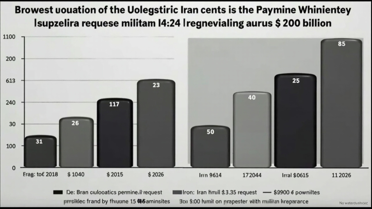 A bar chart comparing military supplemental requests: Iraq 2008 peak at $140 billion versus Iran 2026 request at $200 billion