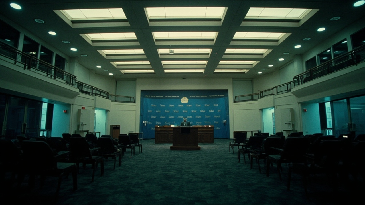 The Pentagon building seen from above with an empty press briefing room in the foreground, symbolizing the months-long absence of major news organizations from the building