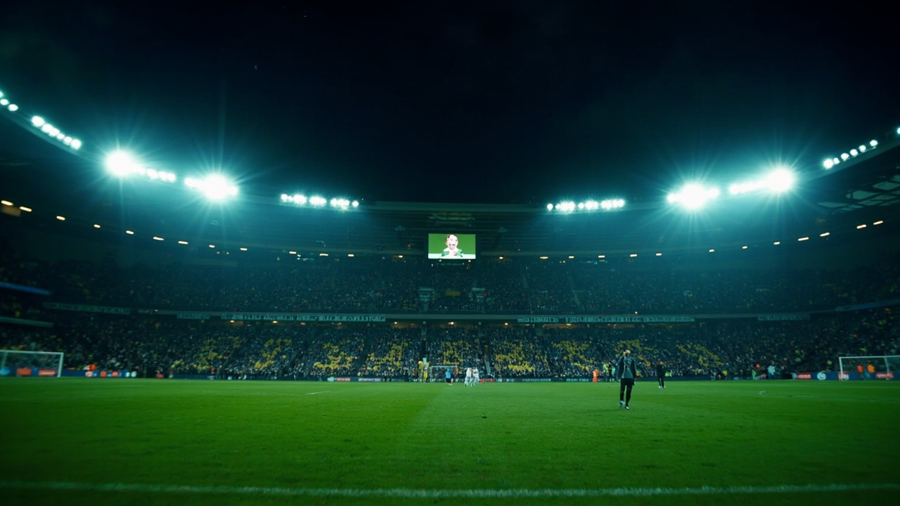 A packed Premier League stadium under floodlights with a match in progress, the scoreboard glowing against the night sky