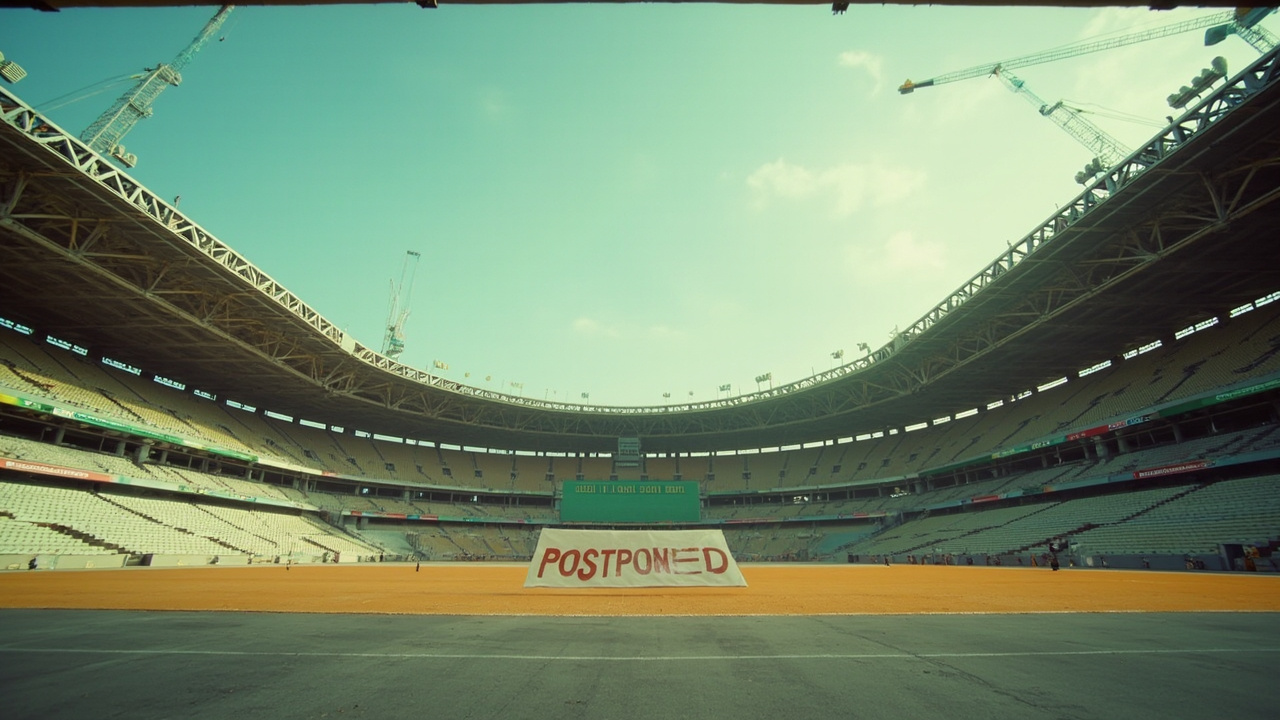 An empty stadium in the Persian Gulf region with construction cranes visible and a 'Postponed' banner across the entrance