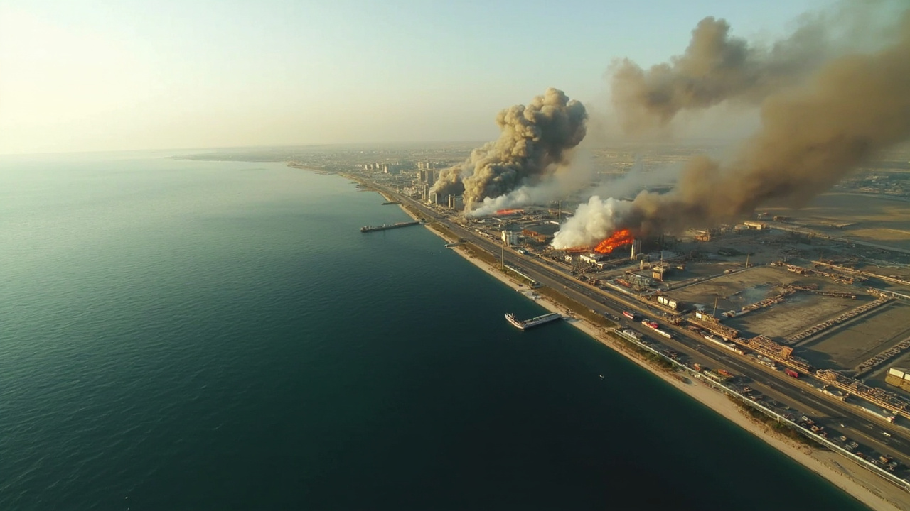 Aerial view of the Ras Laffan Industrial City on Qatar's northern coast with smoke plumes rising from damaged LNG processing units and emergency response vehicles visible on approach roads