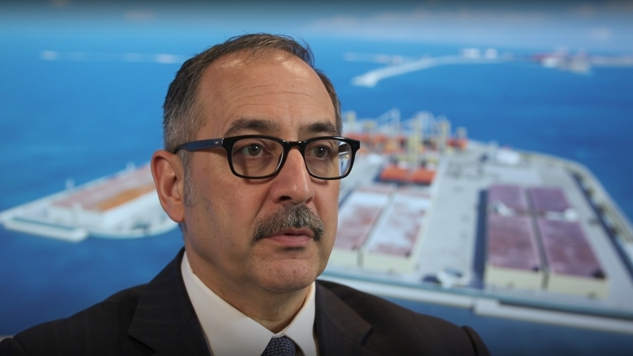 Qatar's Energy Minister Saad Sherida Al-Kaabi at a press conference with a damage assessment graphic showing the affected LNG trains at Ras Laffan behind him