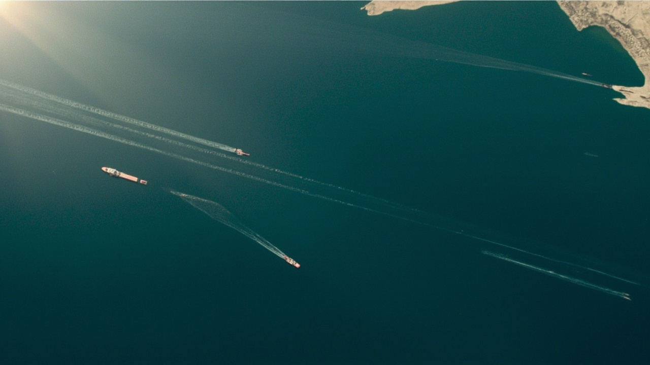 Satellite view of the Strait of Hormuz with commercial shipping lanes empty and military vessel tracks visible