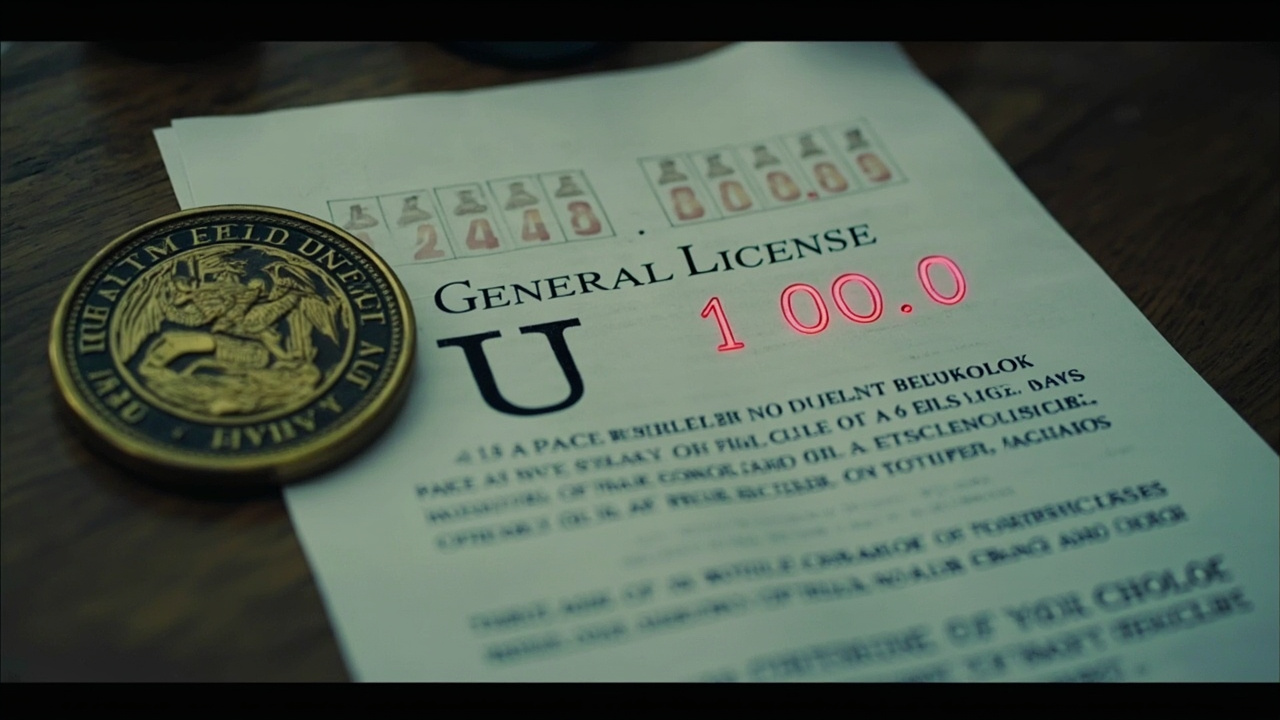 Treasury Department seal beside a document titled General License U, with oil price tickers showing Brent crude above 112 dollars