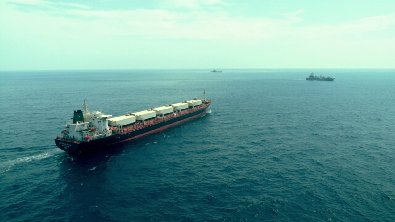 Oil tankers anchored at sea near the Strait of Hormuz with warships visible on the horizon, illustrating the contradiction of sanctioned oil awaiting licensed sale during active hostilities