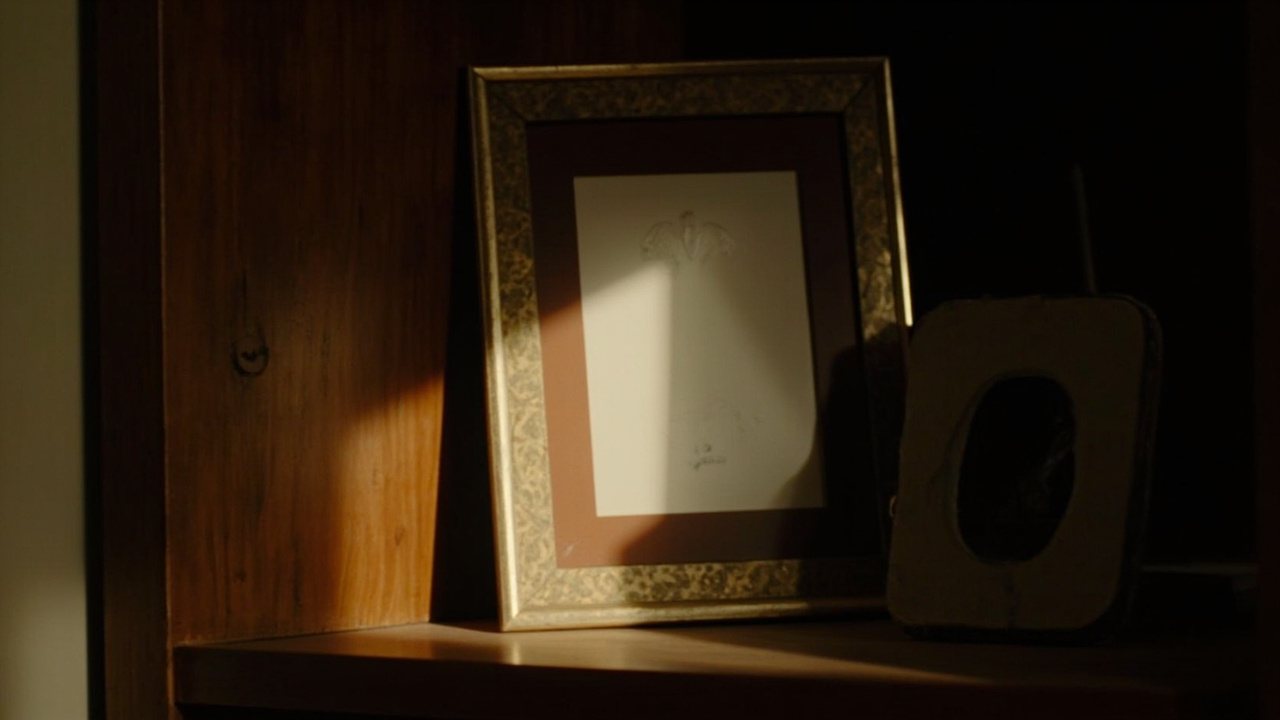 A family photo frame sitting on a wooden shelf, slightly tilted, with warm light casting a shadow across the glass