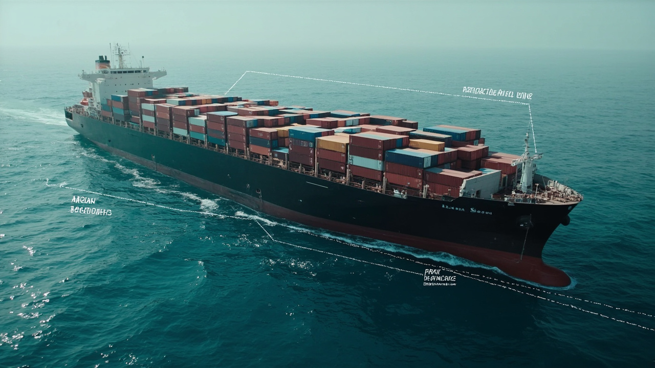 A massive container ship rerouting around the Arabian Peninsula, with a dotted line on a maritime map showing the longer alternative route avoiding the Strait of Hormuz