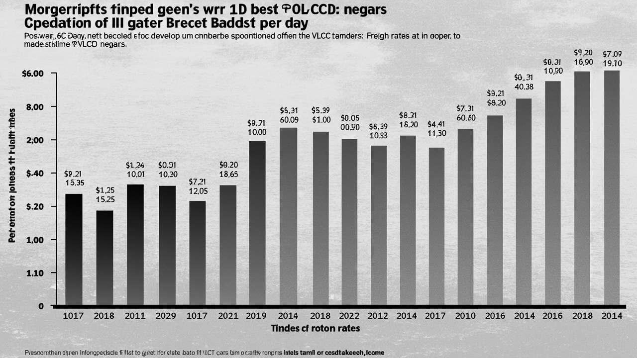 A bar chart comparing pre-war and post-war daily freight rates for VLCC tankers, showing rates jumping from under $100,000 to over $400,000 per day