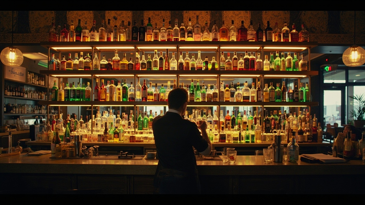 A restaurant bar with rows of colorful non-alcoholic bottles displayed prominently where liquor bottles once stood, a bartender preparing a mocktail in the foreground