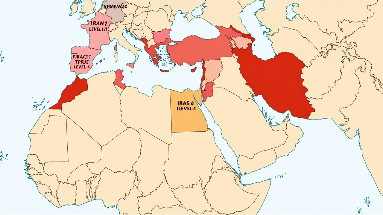 A map of the Middle East color-coded by State Department travel advisory levels, with Iran, Iraq, Syria, Lebanon, and Yemen all marked Level 4 in red