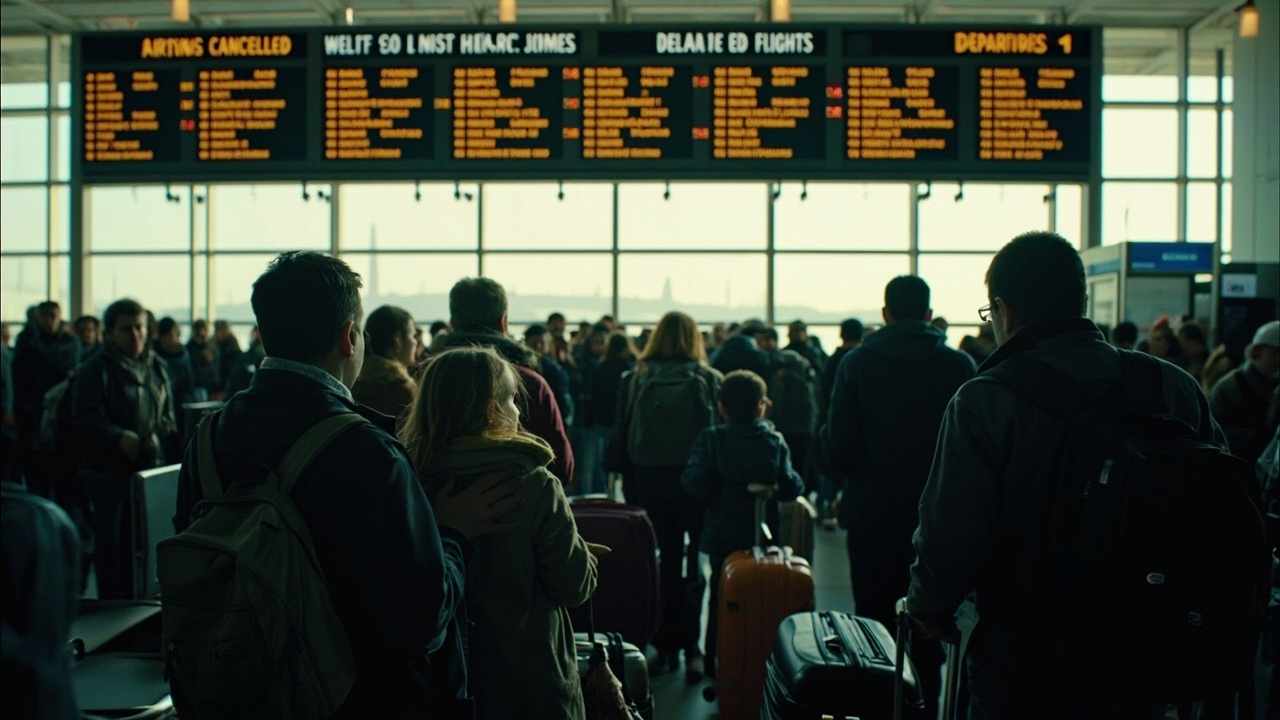 Families with luggage waiting in a crowded airport terminal beneath a departures board showing cancelled and delayed flights