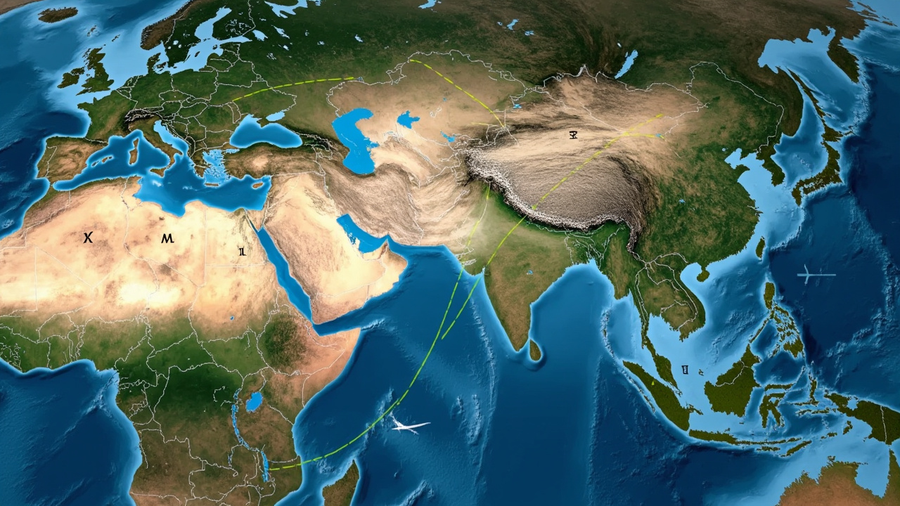 Map of global flight paths rerouted around closed Middle East airspace, with detour lines arcing over Central Asia and the Indian Ocean
