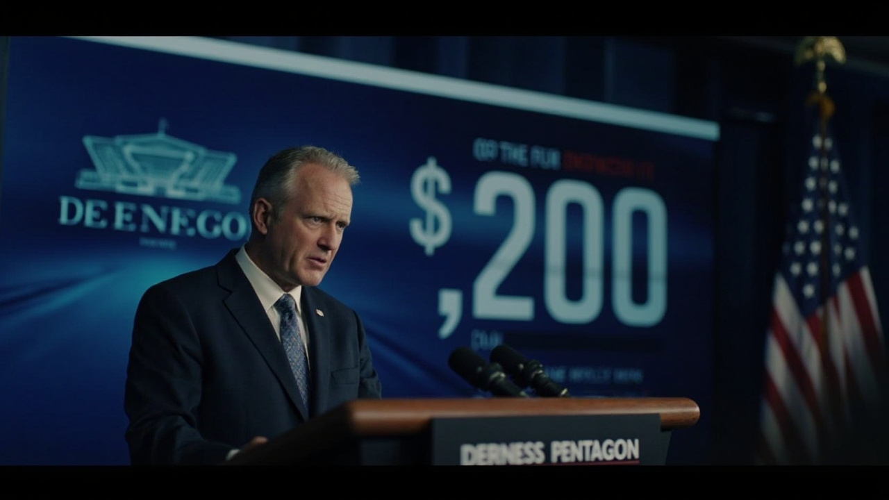A Pentagon briefing room podium with Defense Secretary Pete Hegseth at the microphone and a $200 billion figure displayed on a screen behind him