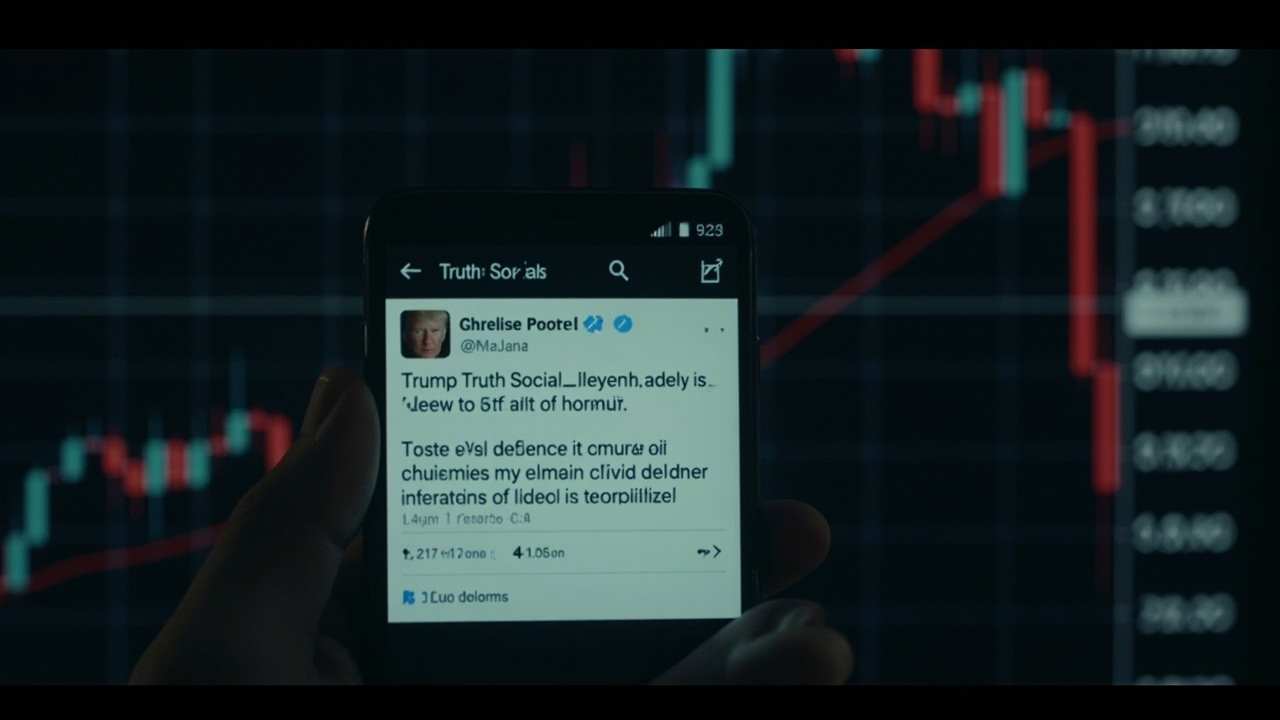 A smartphone displaying a Trump Truth Social post about the Strait of Hormuz overlaid on a live crude oil futures chart showing a sharp price spike