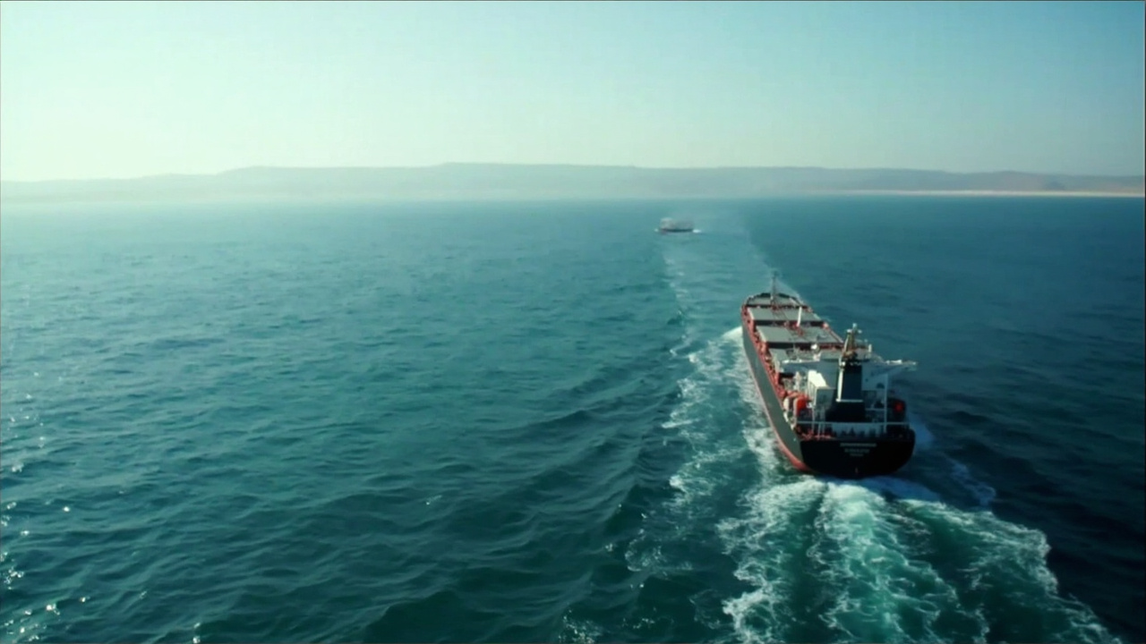 An oil tanker navigating the narrow waters of the Strait of Hormuz with Iranian coastline visible in the background