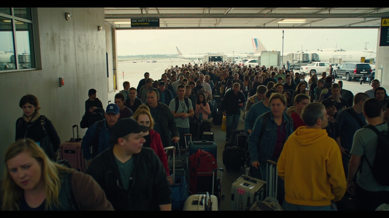 A massive TSA security line stretching through an airport terminal and out into the parking garage area during spring break travel, with frustrated passengers and their luggage