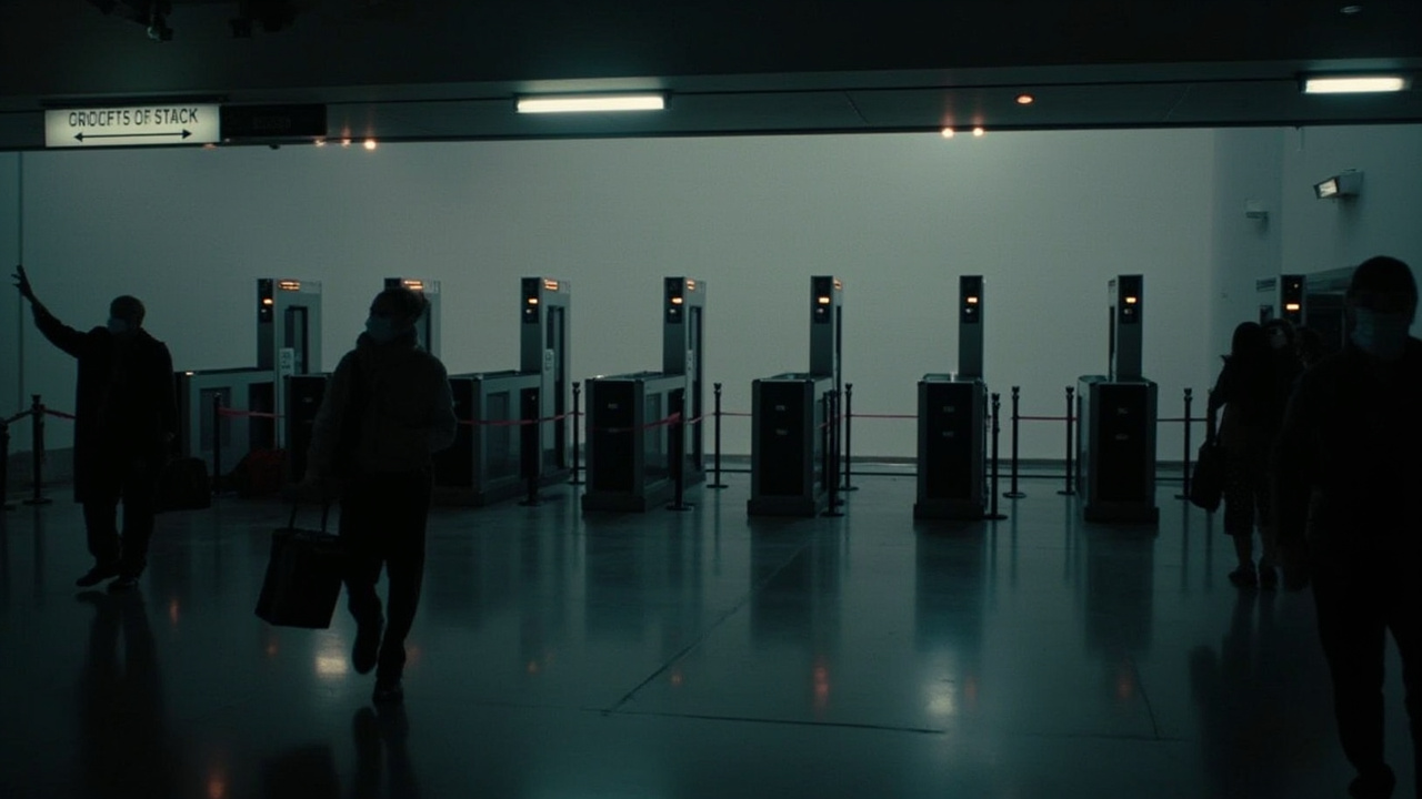 A small regional airport terminal with darkened TSA checkpoints and a closed sign, illustrating the threat of airport closures due to staffing shortages