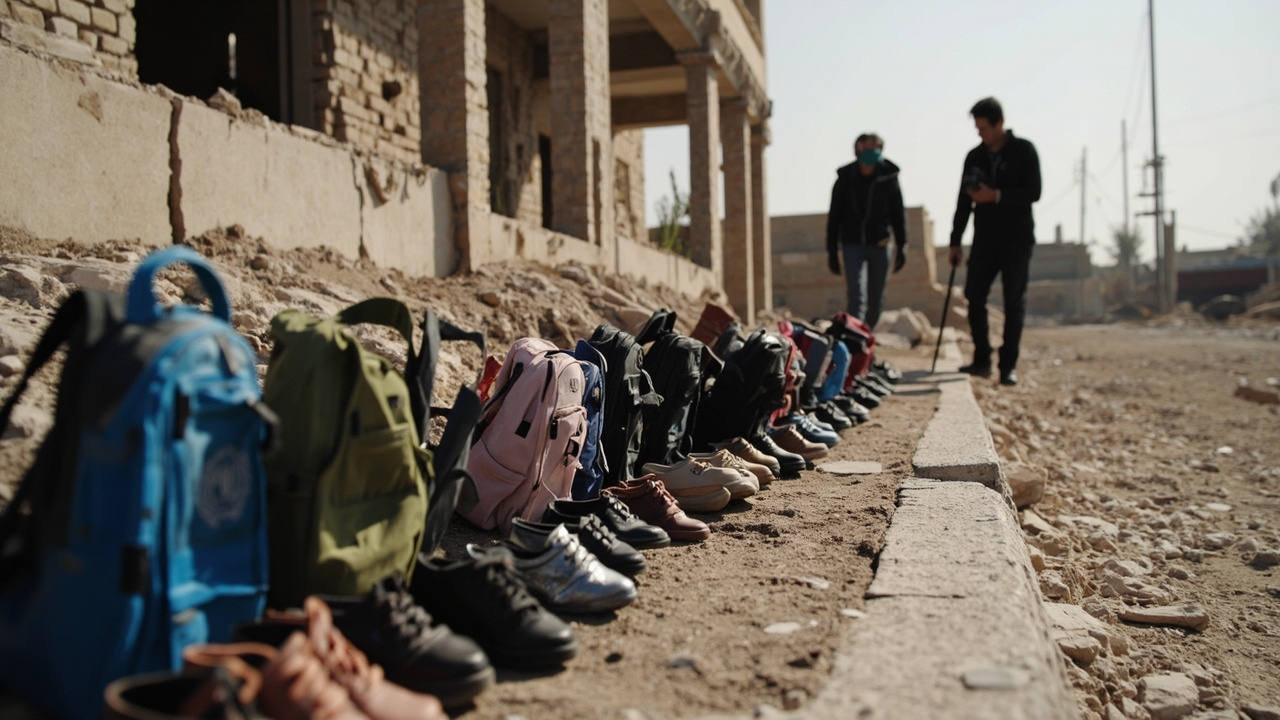 A row of small backpacks and shoes arranged as a memorial outside a destroyed school building in Minab, Iran with UNICEF workers documenting the scene
