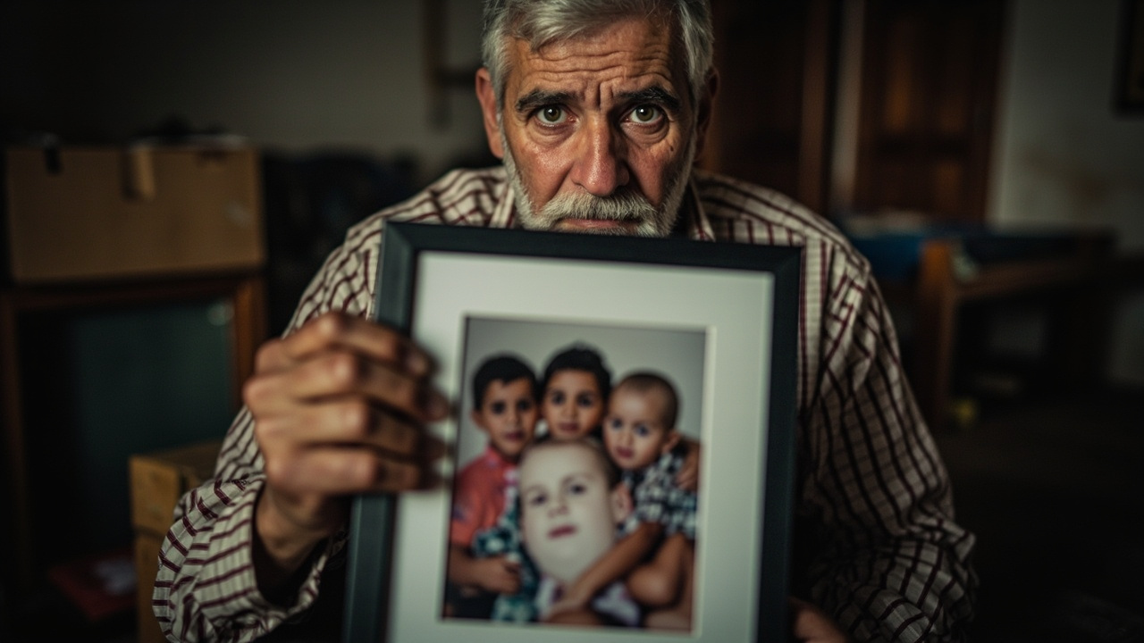 A Lebanese father holding a framed photograph of his five children who were killed in an Israeli airstrike on their home in southern Lebanon