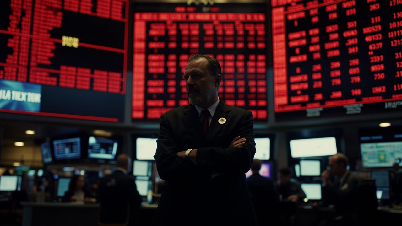 A Wall Street trading floor with red tickers dominating the screens and a trader watching with arms crossed as the Dow Jones number shows a 444-point decline