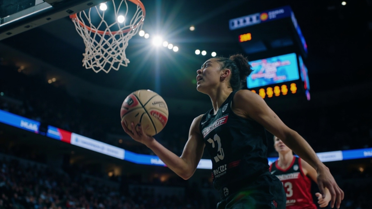 A women's basketball player driving to the basket under bright arena lights during the opening round of the 2026 NCAA Women's Tournament