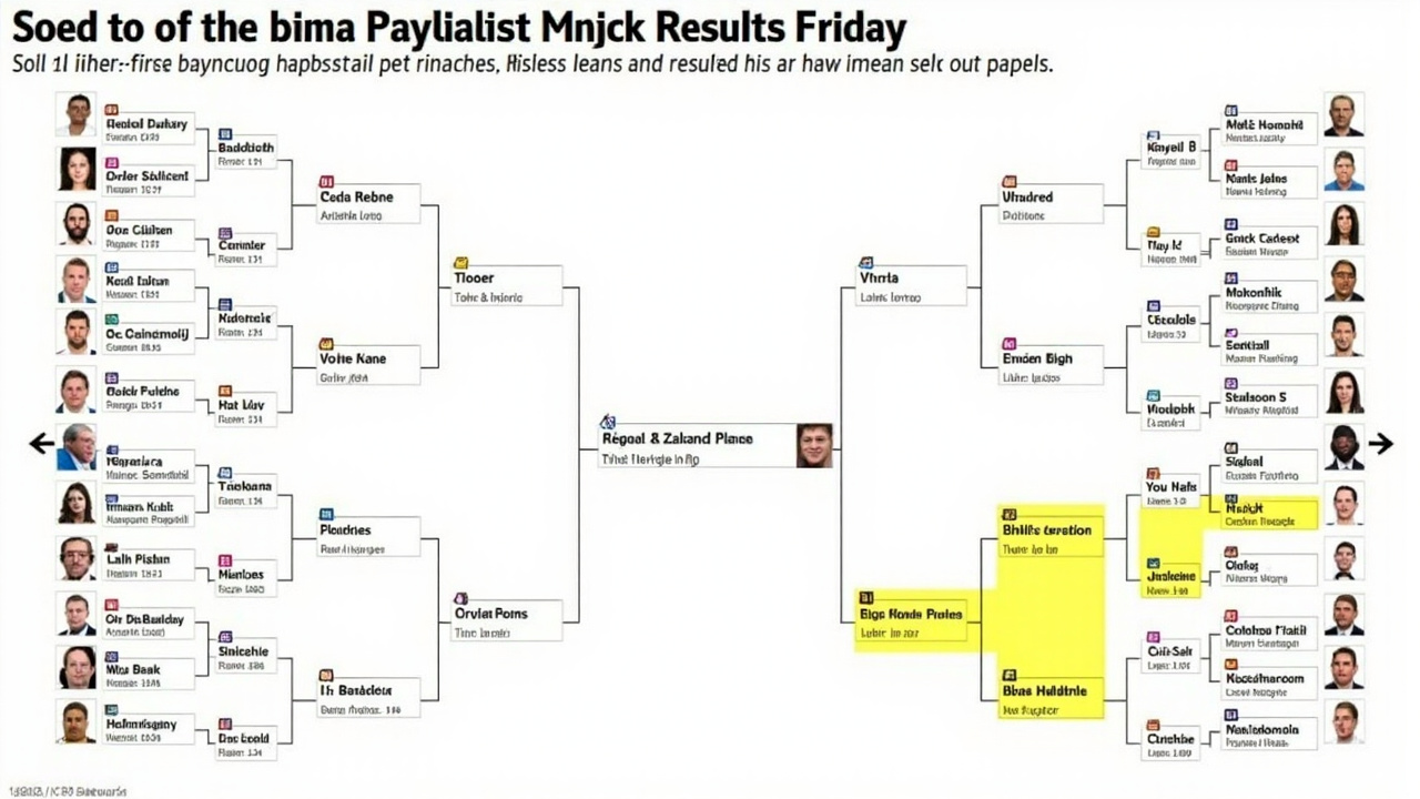 A bracket snapshot showing all 16 first-round results from Friday with higher seeds advancing, with four games highlighted in yellow as near-upsets